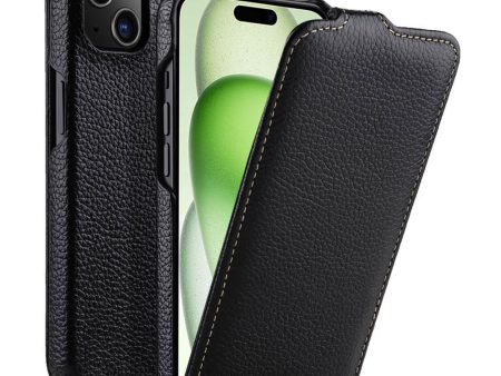 MELKCO For iPhone 15 Plus Case Vertical Flip Genuine Cow Leather+PC Shockproof Cover Discount